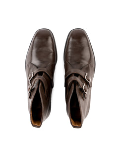 Top view of refined leather monk strap boot for women with twin buckle detail and clean lines