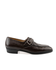 Side view of women’s leather monk strap moccasin with sleek single strap and low heel