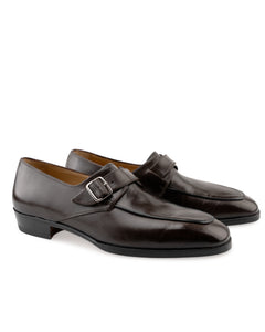 Close-up of leather sole with Blake construction on handmade women’s monk strap shoe